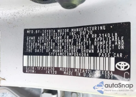 2021 Toyota Corolla Se/Night Shade z USA, uszkodzony, nr VIN 5YFS4MCEXMP064084